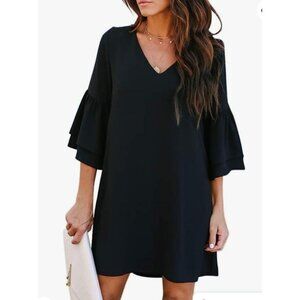 Womens Black Bell Sleeve Shift Small Mini Dress V-Neckline Party Cocktail Sexy